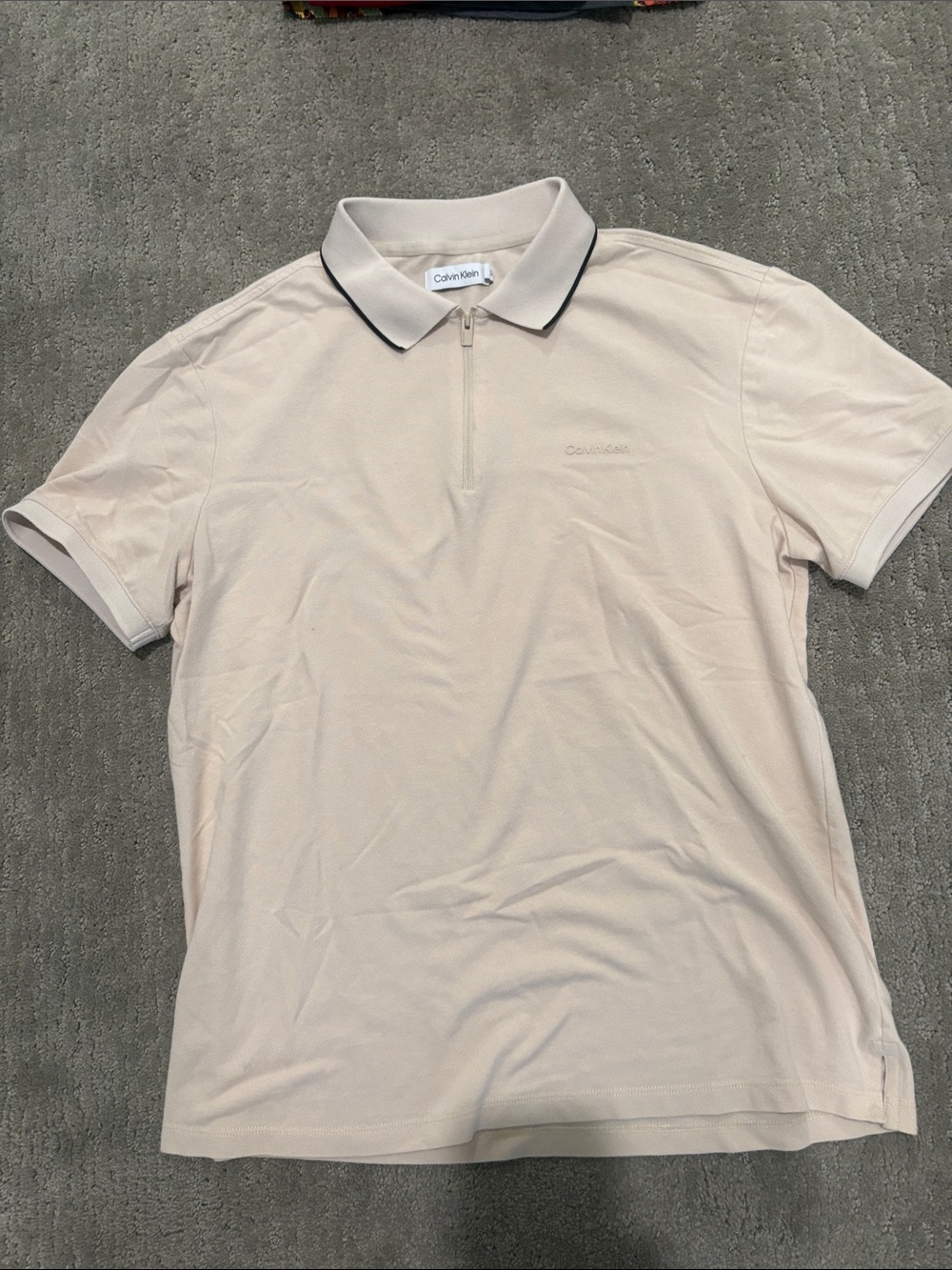 Calvin Klein Men’s Cream Short-Sleeve Zip Polo with Contrast Collar